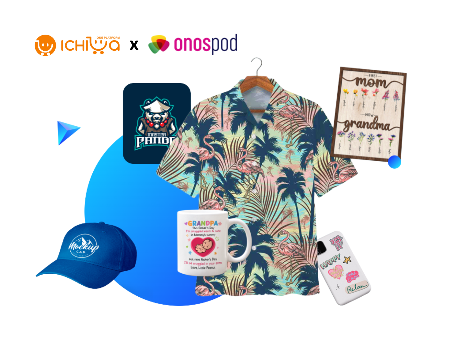 Instantly sync your Onospod product catalog to IChiba with full details, including designs, mockups, and variants.